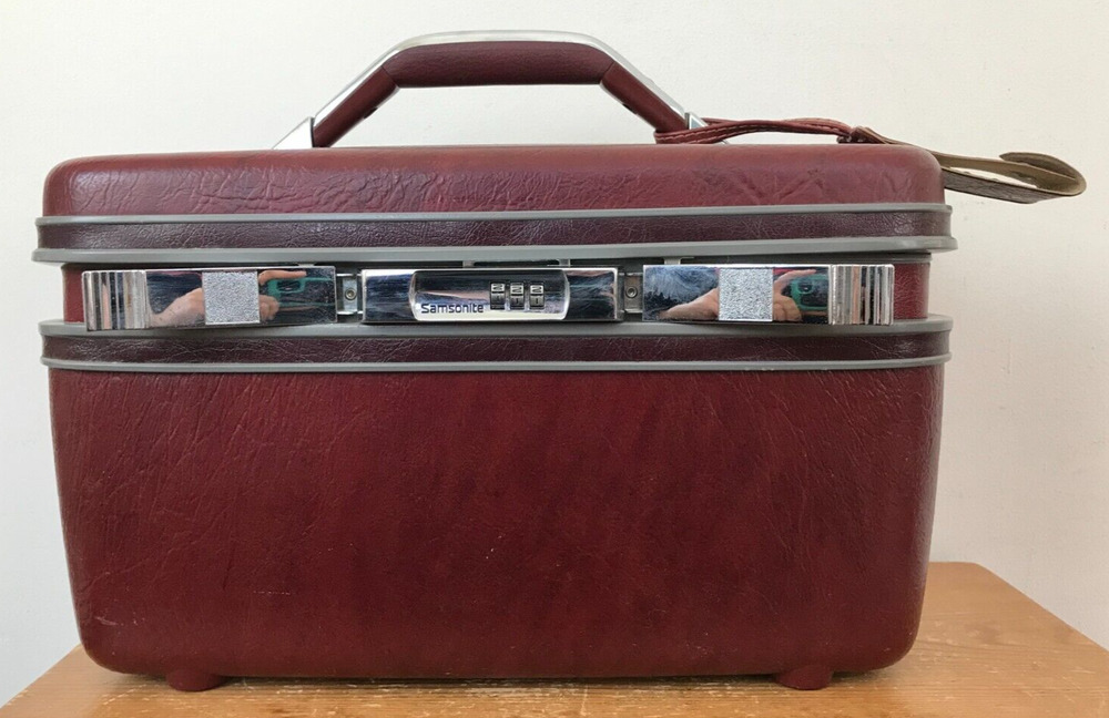 LOCKED Vtg Samsonite Silhouette Cosmetic Train Case Burgundy Red Marbled 14.5"